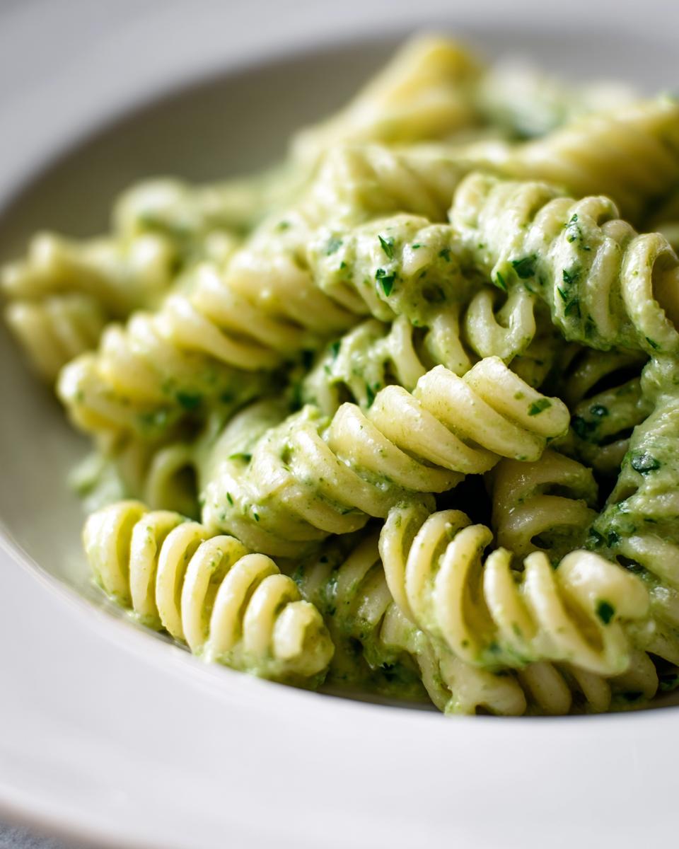 Nahaufnahme von cremiger Sellerie-Pasta mit grüner Sauce und Kräutern, serviert auf einem weißen Teller.