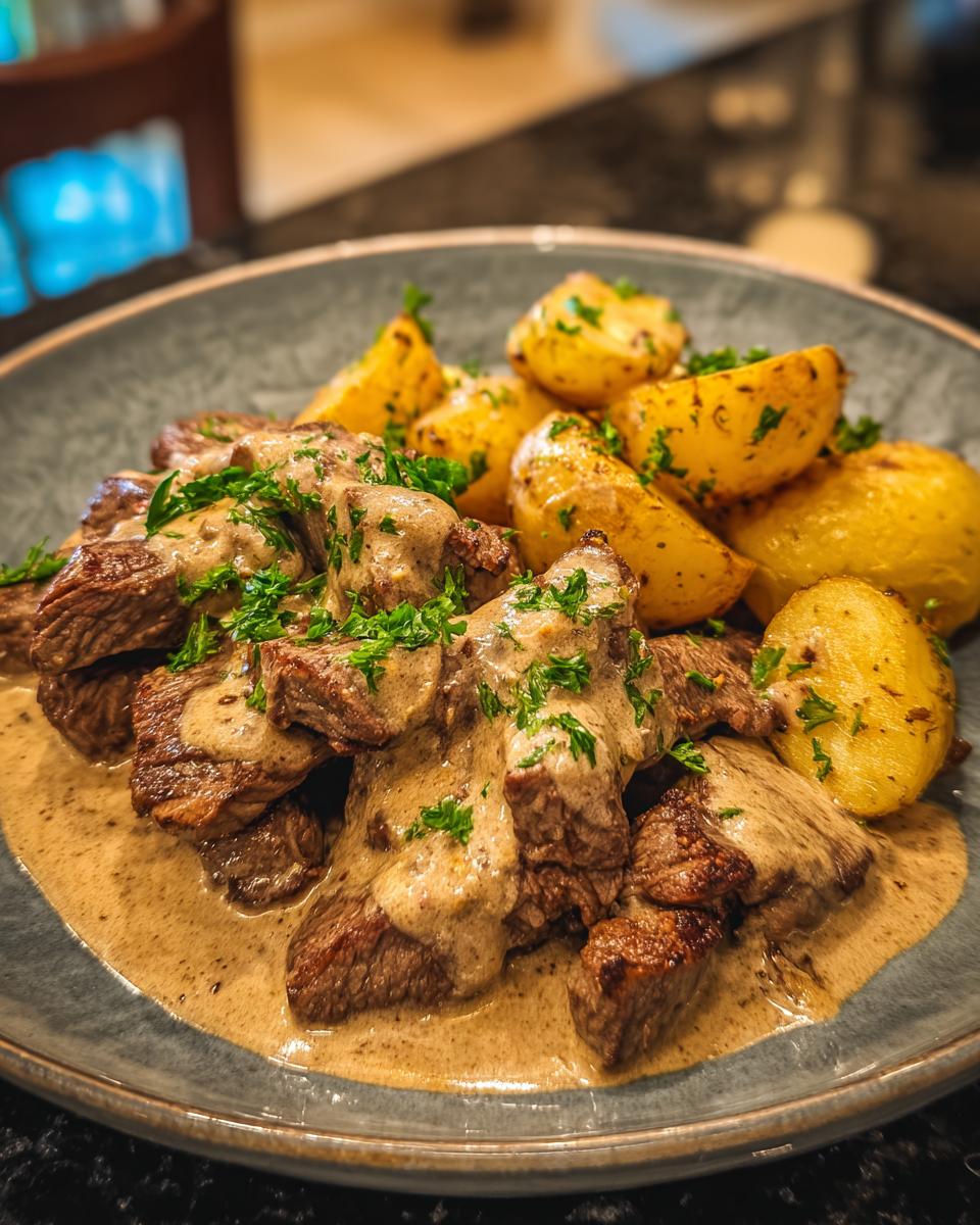 Teller mit saftigen Cremige Steakstreifen mit Ofenkartoffeln, übergossen mit Rahmsauce und Petersilie.