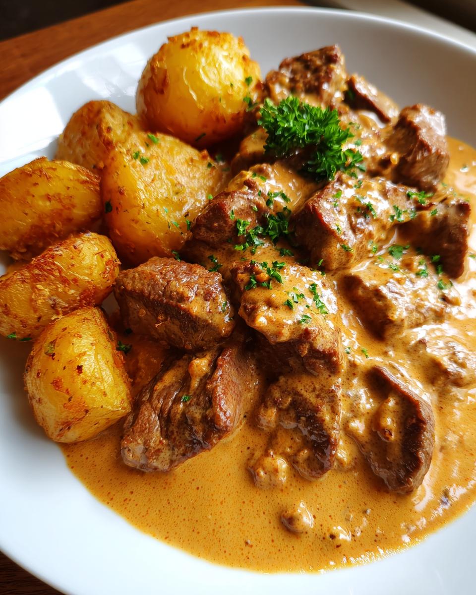 Teller mit cremigen Steakstreifen in reichhaltiger Sauce und goldbraunen Ofenkartoffeln, garniert mit Petersilie.