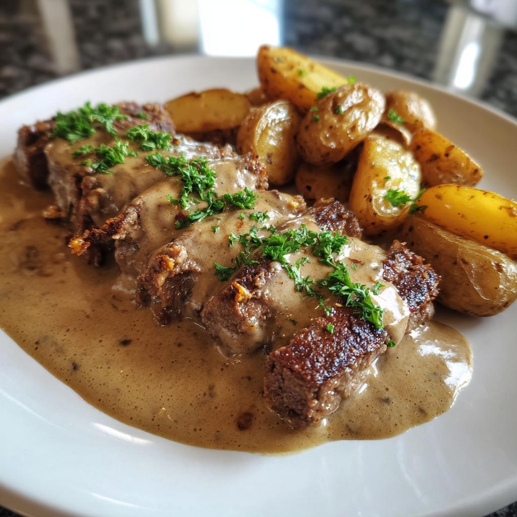Drei saftige Steakstreifen übergossen mit cremiger Soße und Petersilie, serviert mit goldbraunen Ofenkartoffeln.
