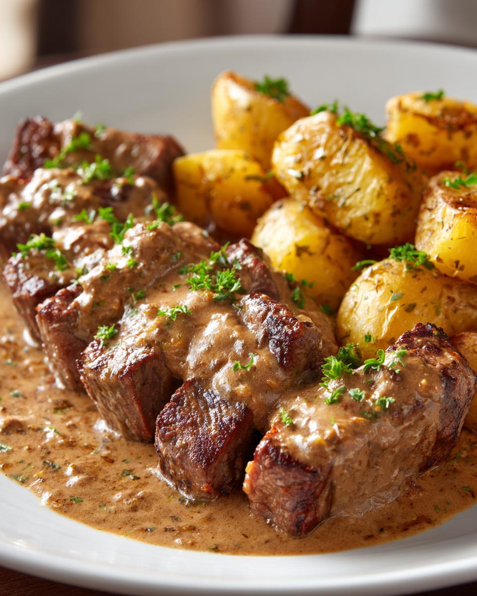 Nahaufnahme von saftigen Cremige Steakstreifen mit Ofenkartoffeln, übergossen mit cremiger Soße und Petersilie.