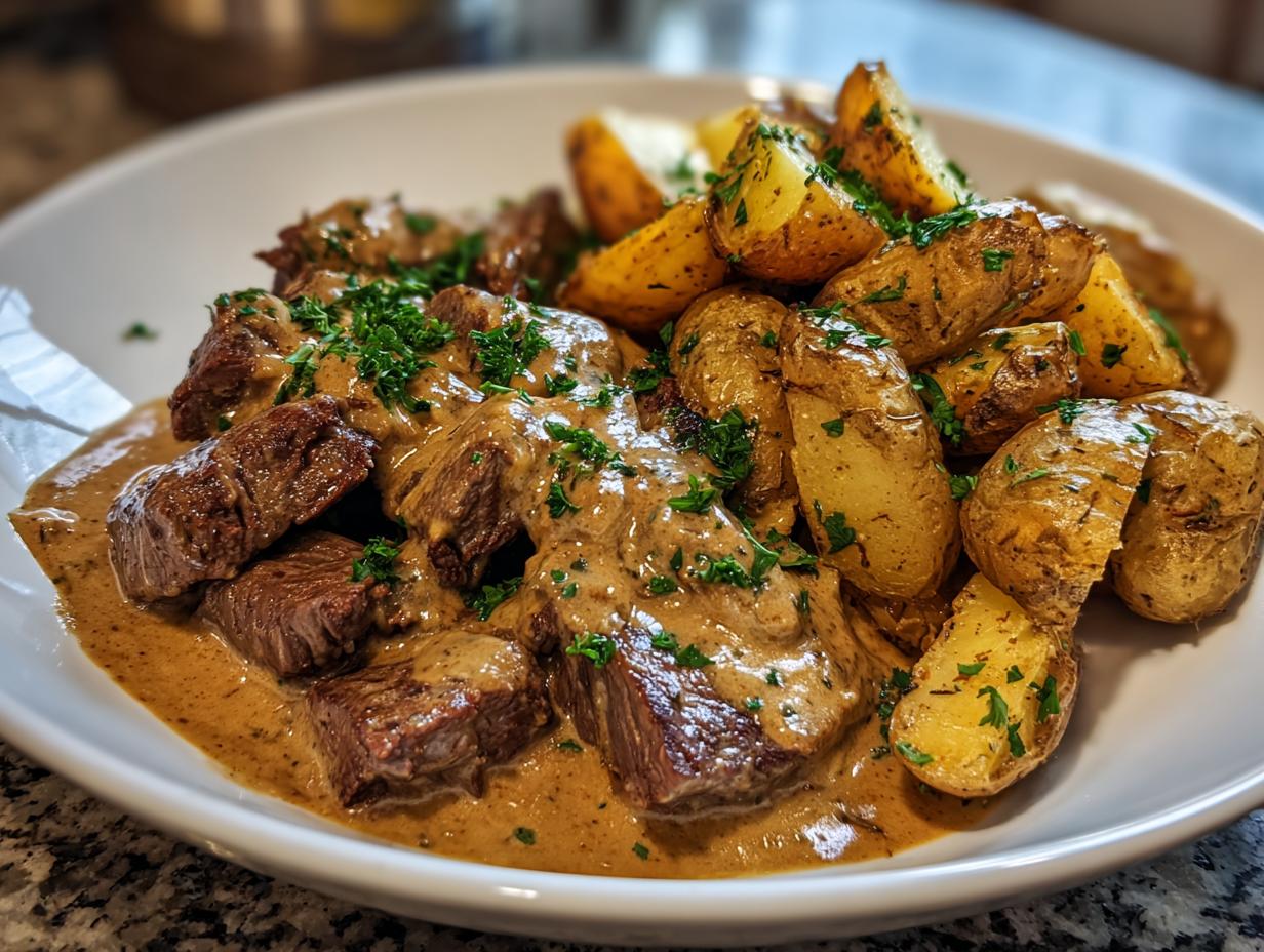 Teller mit saftigen Cremige Steakstreifen mit Ofenkartoffeln, übergossen mit cremiger Soße und Petersilie.