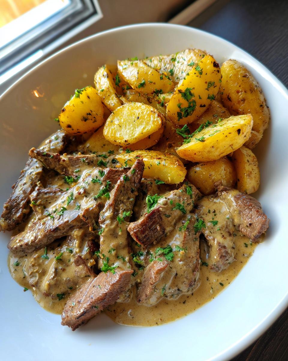 Teller mit saftigen Cremige Steakstreifen mit Ofenkartoffeln, übergossen mit cremiger Soße und Petersilie.