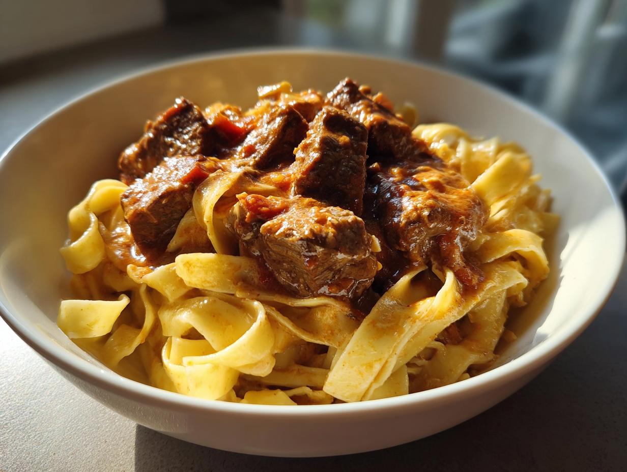 Nahaufnahme einer Cremige Steakstreifen-Pasta mit breiten Bandnudeln und herzhafter Soße.