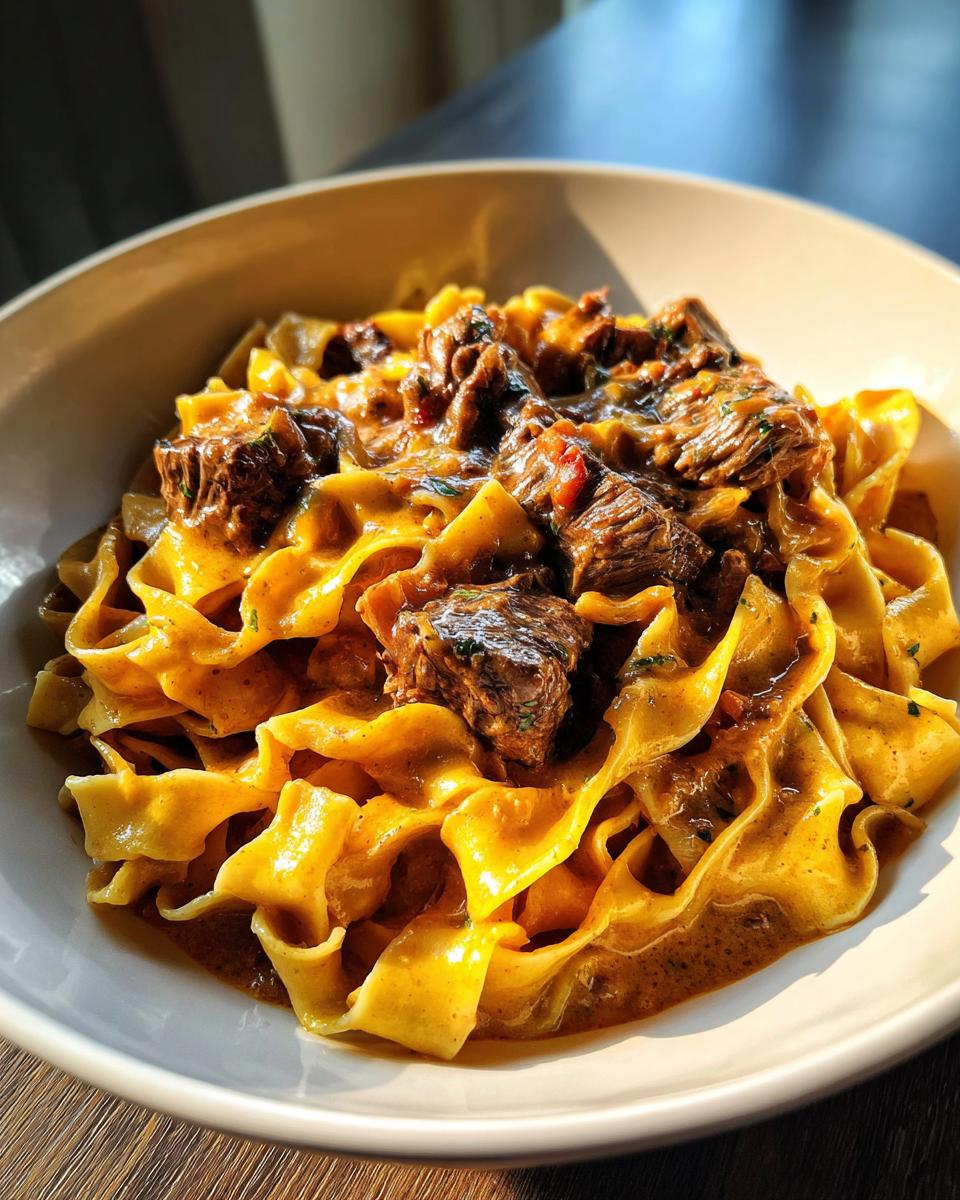 Nahaufnahme einer Cremige Steakstreifen-Pasta mit breiten Eiernudeln und saftigen Fleischstücken in cremiger Soße.