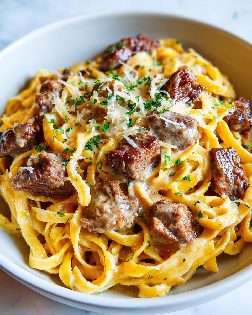 Eine Nahaufnahme von hausgemachter Cremige Steakstreifen-Pasta mit saftigen Fleischstücken und Parmesan.
