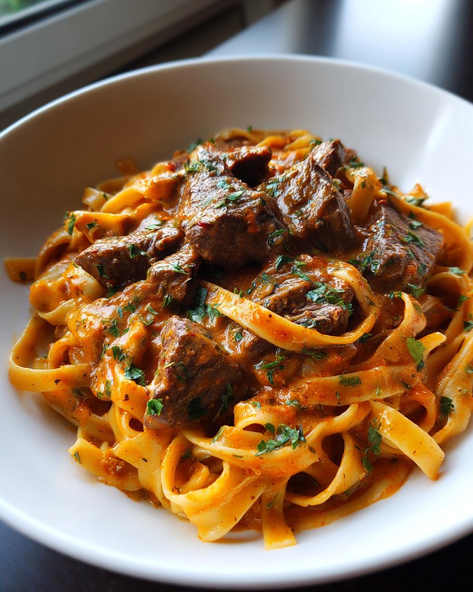 Nahaufnahme einer cremigen Steakstreifen-Pasta mit breiten Bandnudeln und saftigen Fleischstücken.