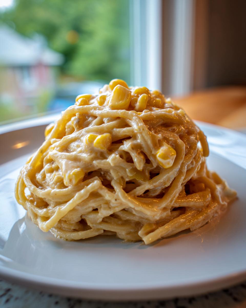 Eine perfekt angerichtete Portion cremige Süßmais-Pasta mit ganzen Maiskörnern auf einem weißen Teller.
