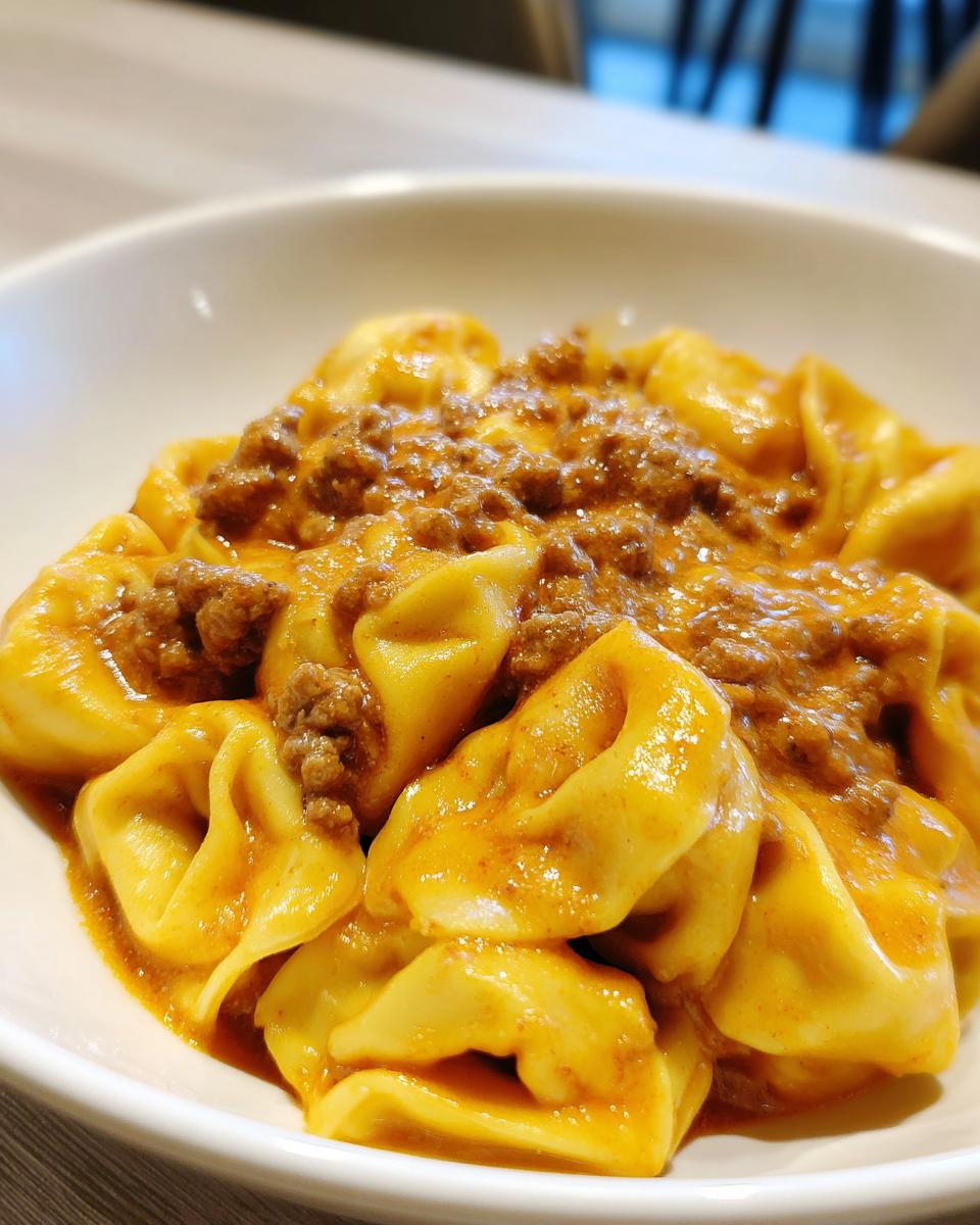 Nahaufnahme von Cremige Tortellini mit Hackfleisch in einer weißen Schüssel, üppig bedeckt mit Fleischsauce.