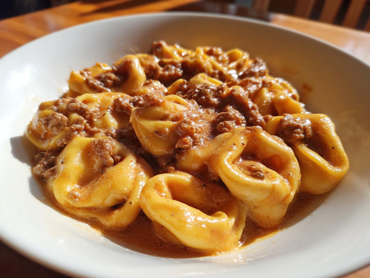 Ein Teller mit Cremige Tortellini mit Hackfleisch, üppig bedeckt mit einer cremigen Hackfleischsoße.