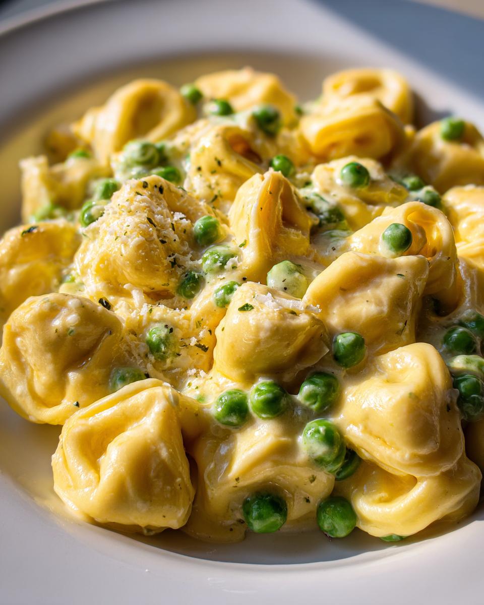 Nahaufnahme von Cremige Tortellini mit Erbsen in einer hellen, cremigen Soße, bestreut mit Parmesan.