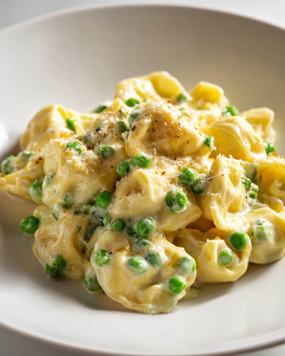 Nahaufnahme von Cremige Tortellini mit Erbsen in einer hellen, cremigen Soße, bestreut mit Parmesan.