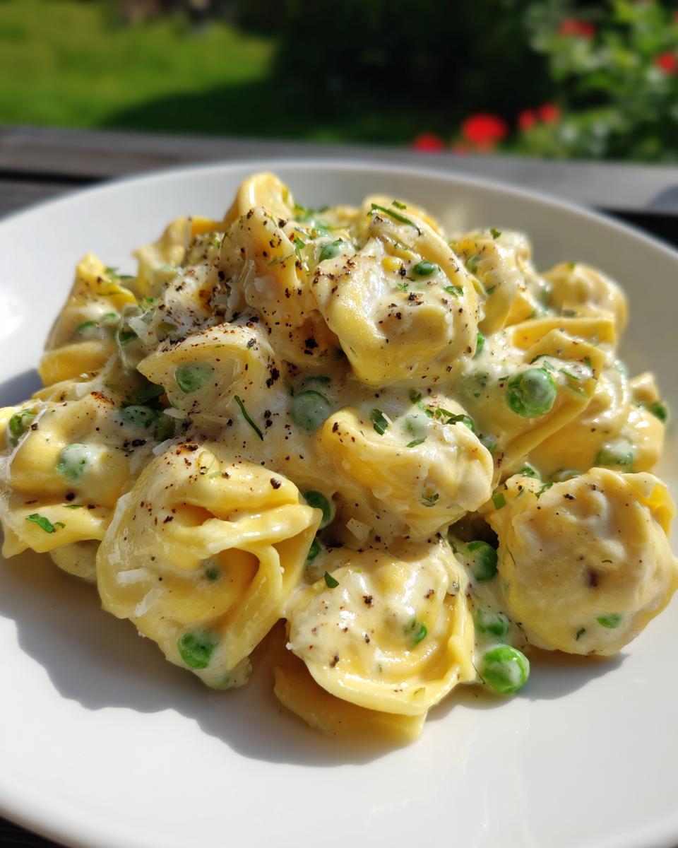 Nahaufnahme von Cremige Tortellini mit Erbsen in einer hellen Rahmsauce, bestreut mit Pfeffer und Kräutern.