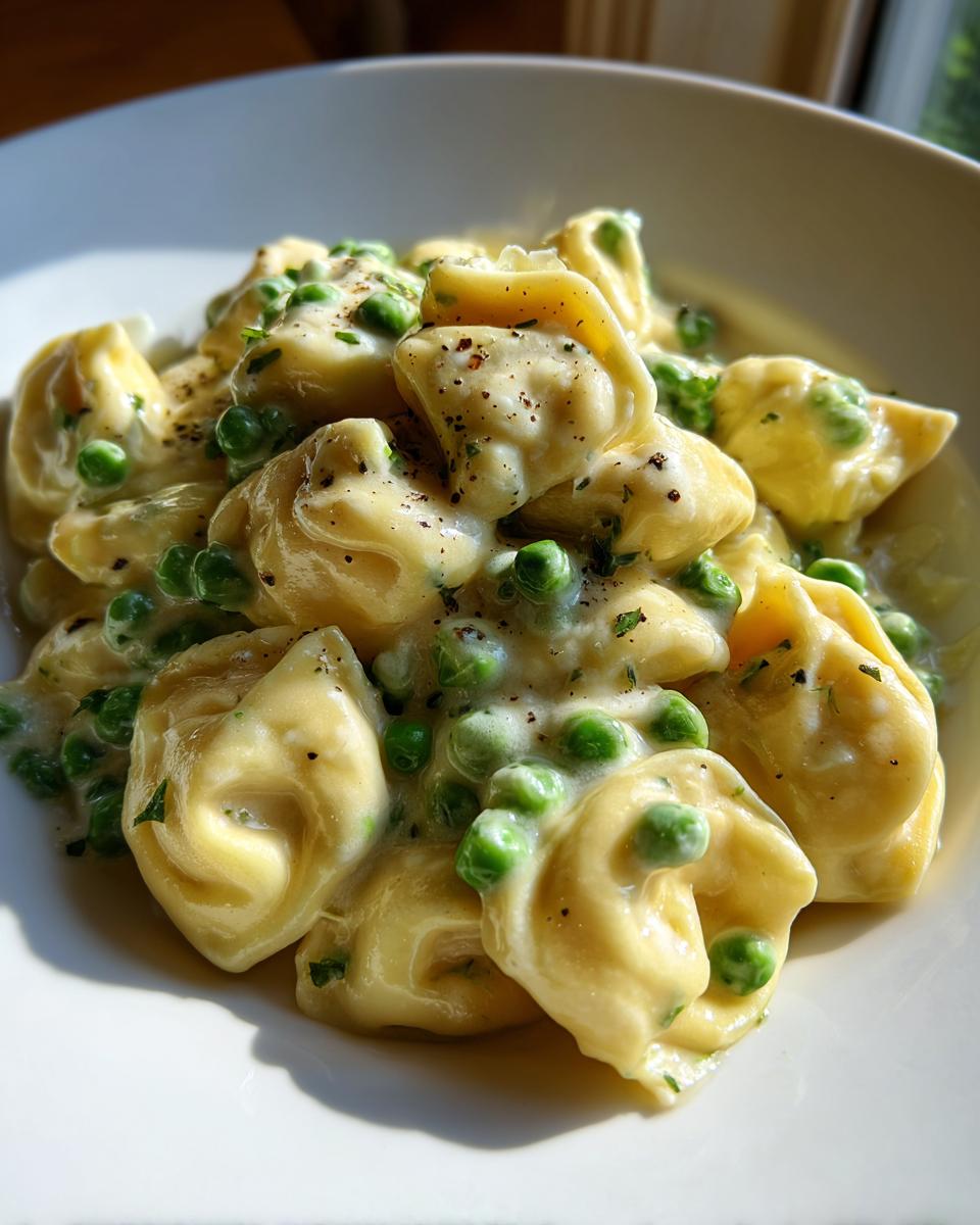 Nahaufnahme von Cremige Tortellini mit Erbsen in einer hellen, cremigen Soße, bestreut mit Pfeffer und Kräutern.