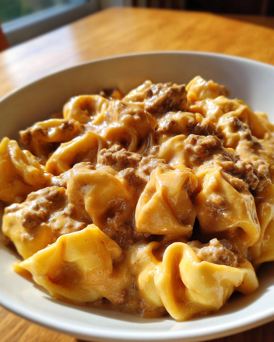 Nahaufnahme von Cremige Tortellini mit Hackfleisch in einer cremigen, würzigen Sauce in einer weißen Schüssel.