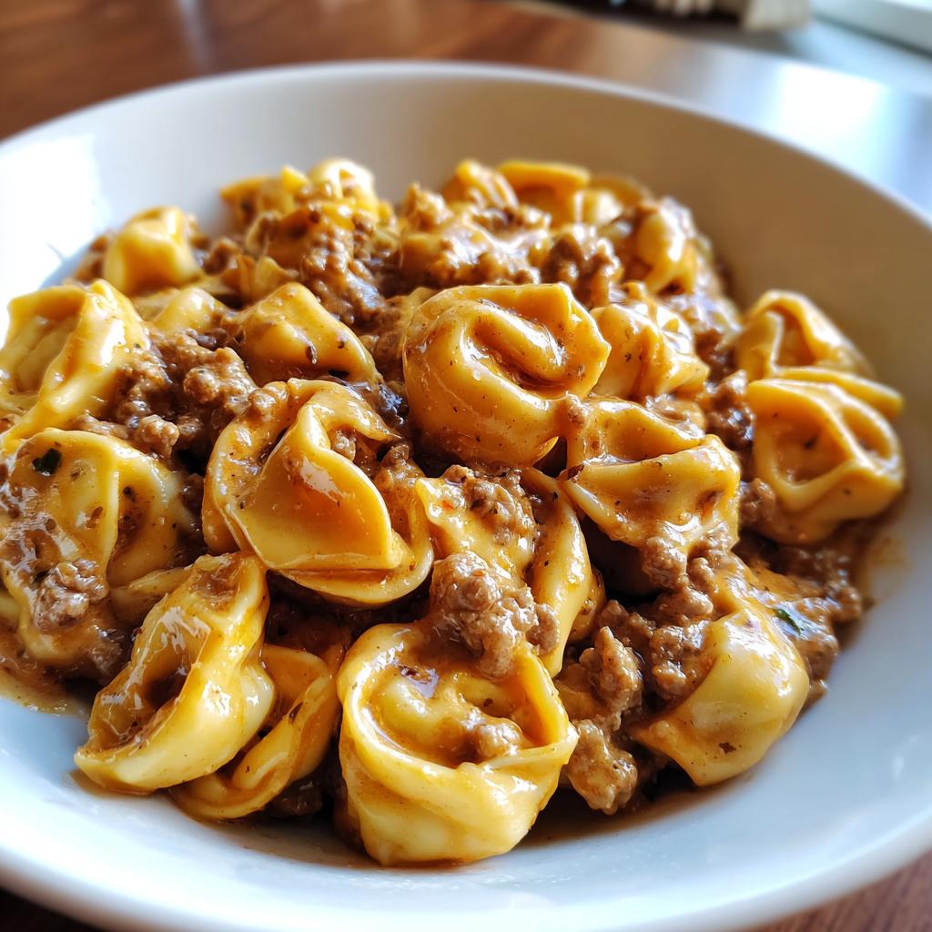 Eine Nahaufnahme von Cremige Tortellini mit Hackfleisch in einer weißen Schüssel, üppig bedeckt mit cremiger Soße.