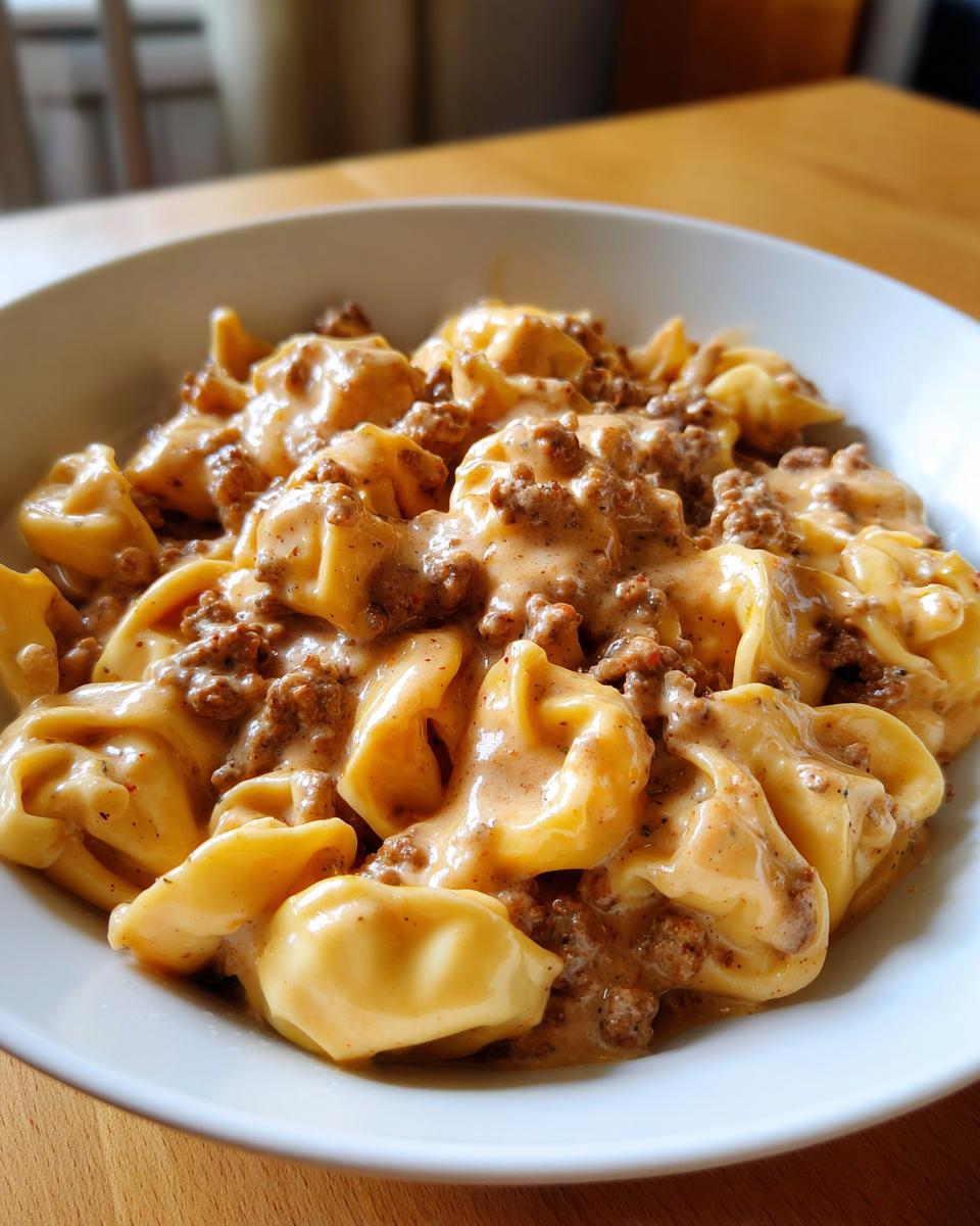 Eine Nahaufnahme einer weißen Schüssel gefüllt mit Cremige Tortellini mit Hackfleisch in einer reichhaltigen, cremigen Soße.