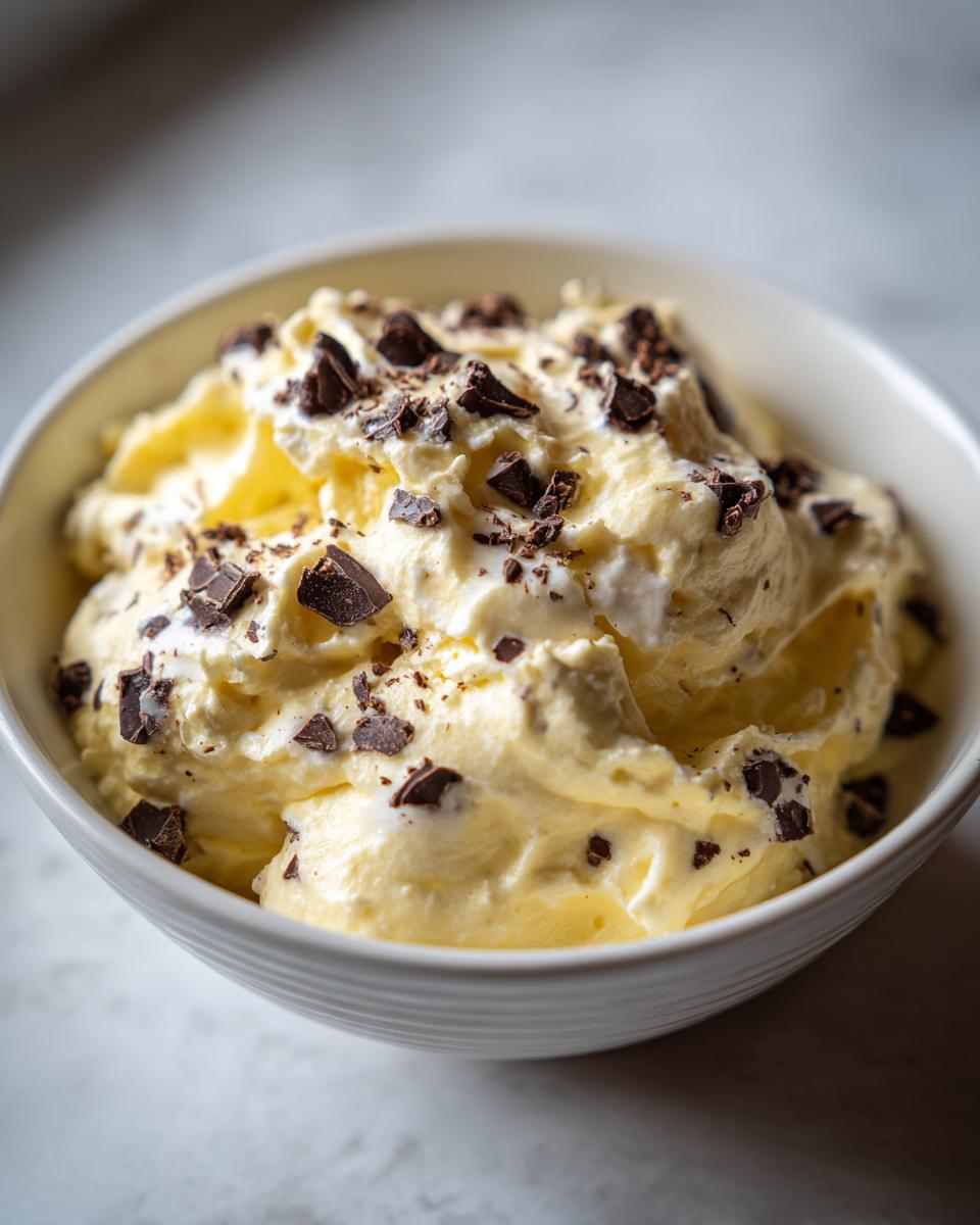 Nahaufnahme von cremigem Bananenquark mit Schokolade in einer weißen Schüssel.