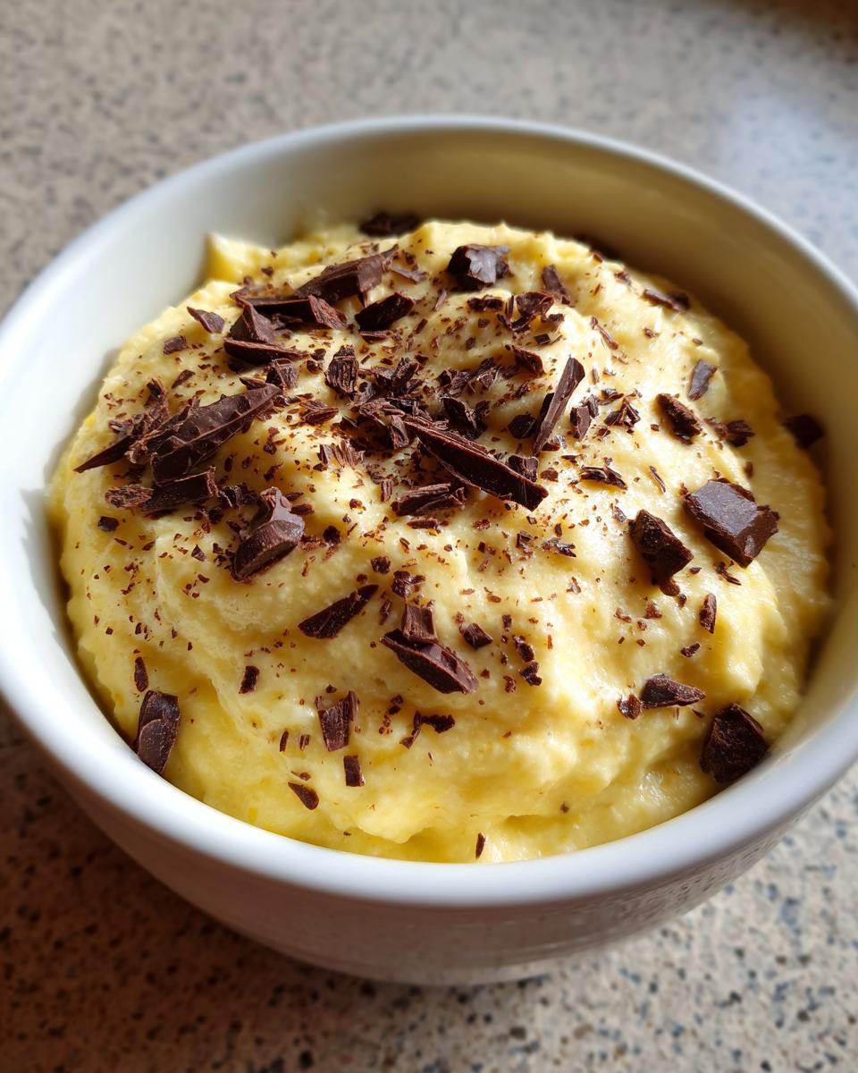 Nahaufnahme von cremigem, gelbem Bananenquark mit dunklen Schokoladenraspeln bestreut in einer weißen Schüssel.