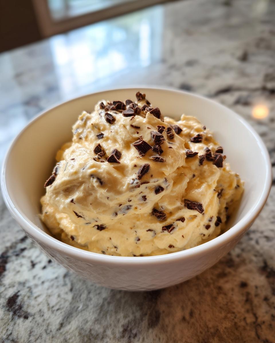 Nahaufnahme von cremigem Bananenquark mit Schokolade, garniert mit Schokostückchen in einer weißen Schale.
