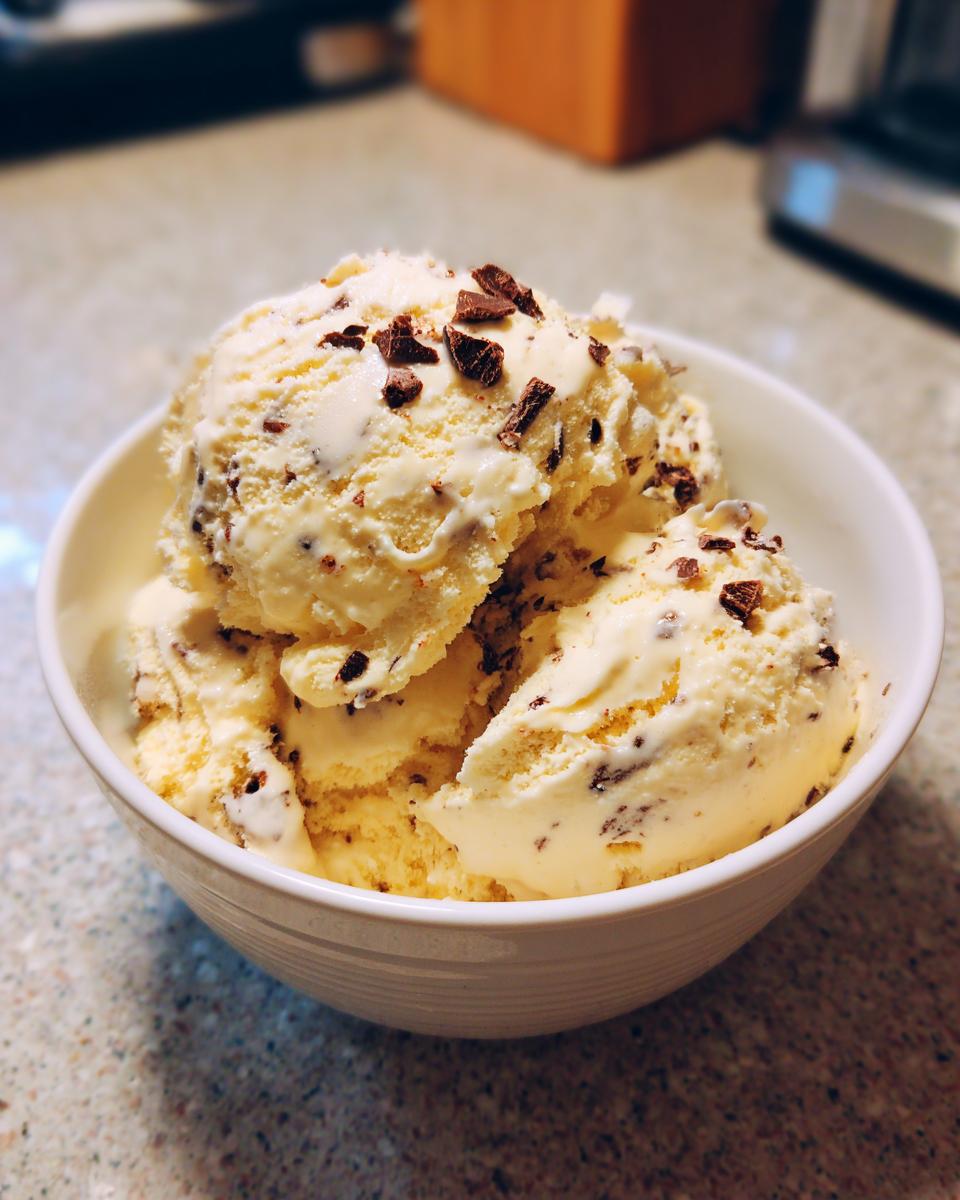 Cremige Kugeln Bananenquark mit Schokolade und Schokostückchen in einer weißen Schale.