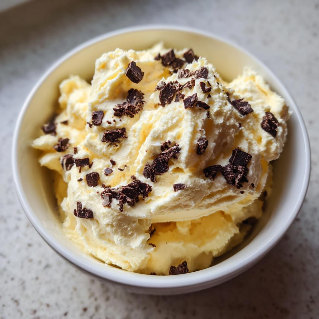 Nahaufnahme von cremigem Bananenquark mit Schokolade, bestreut mit dunklen Schokostückchen.