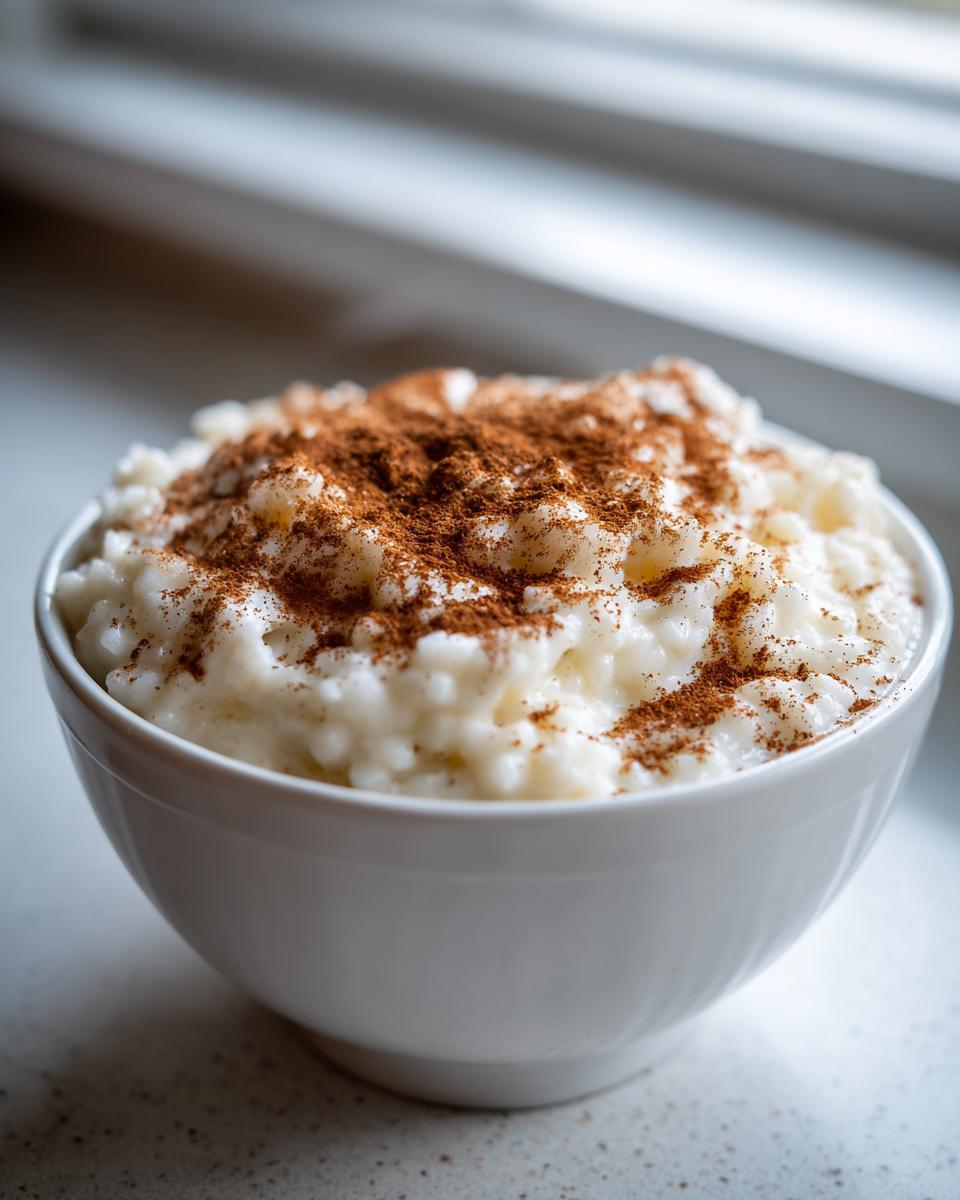 Nahaufnahme von cremigem Milchreis mit Zimt und Zucker, serviert in einer weißen Schale.