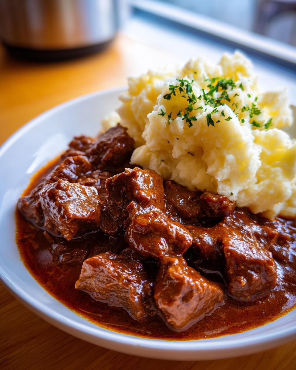 Nahaufnahme von saftigem Cremiges Rahmgulasch mit Kartoffelstampf, garniert mit Petersilie.