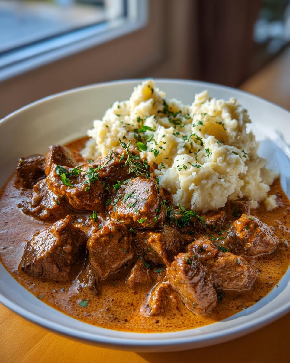 Ein Teller mit saftigem Cremiges Rahmgulasch mit Kartoffelstampf, üppig garniert mit Petersilie.