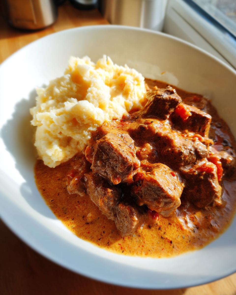 Ein Teller mit saftigem Cremiges Rahmgulasch mit Kartoffelstampf, appetitlich angerichtet.