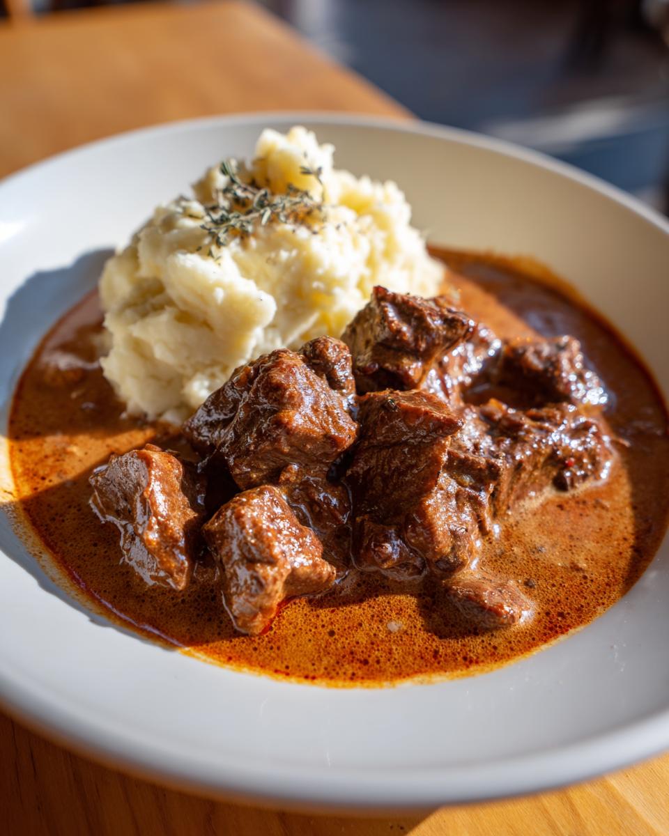 Ein Teller mit saftigem Cremiges Rahmgulasch mit Kartoffelstampf, garniert mit Thymian.