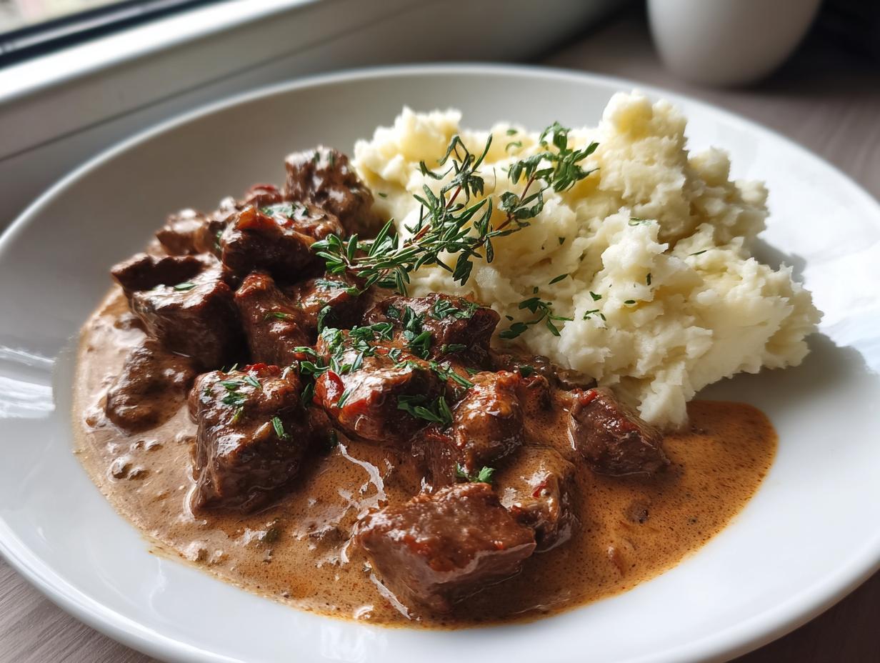 Nahaufnahme von Cremiges Rahmgulasch mit Kartoffelstampf, garniert mit frischen Kräutern auf einem weißen Teller.