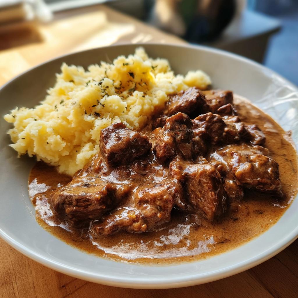 Ein Teller mit saftigem Cremiges Rahmgulasch mit Kartoffelstampf, appetitlich angerichtet.