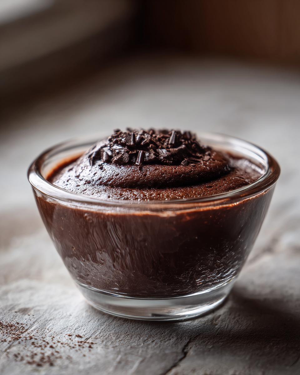 Nahaufnahme eines cremigen Schoko-Grießdessert mit Schokostreuseln in einer kleinen Glasschale.