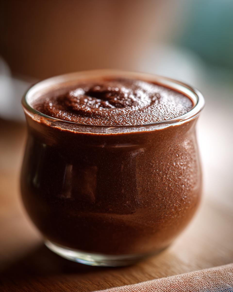 Nahaufnahme von cremigem Schoko-Grießdessert in einem kleinen Glas, perfekt für den schnellen Genuss.