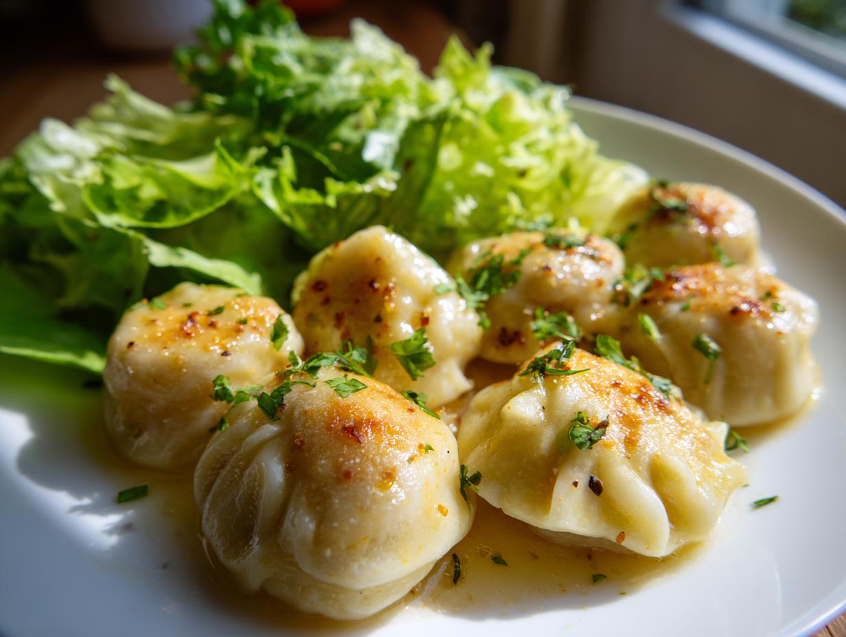 Nahaufnahme von goldbraun gebratenen Eiernockerl mit Petersilie, serviert mit frischem grünem Salat.