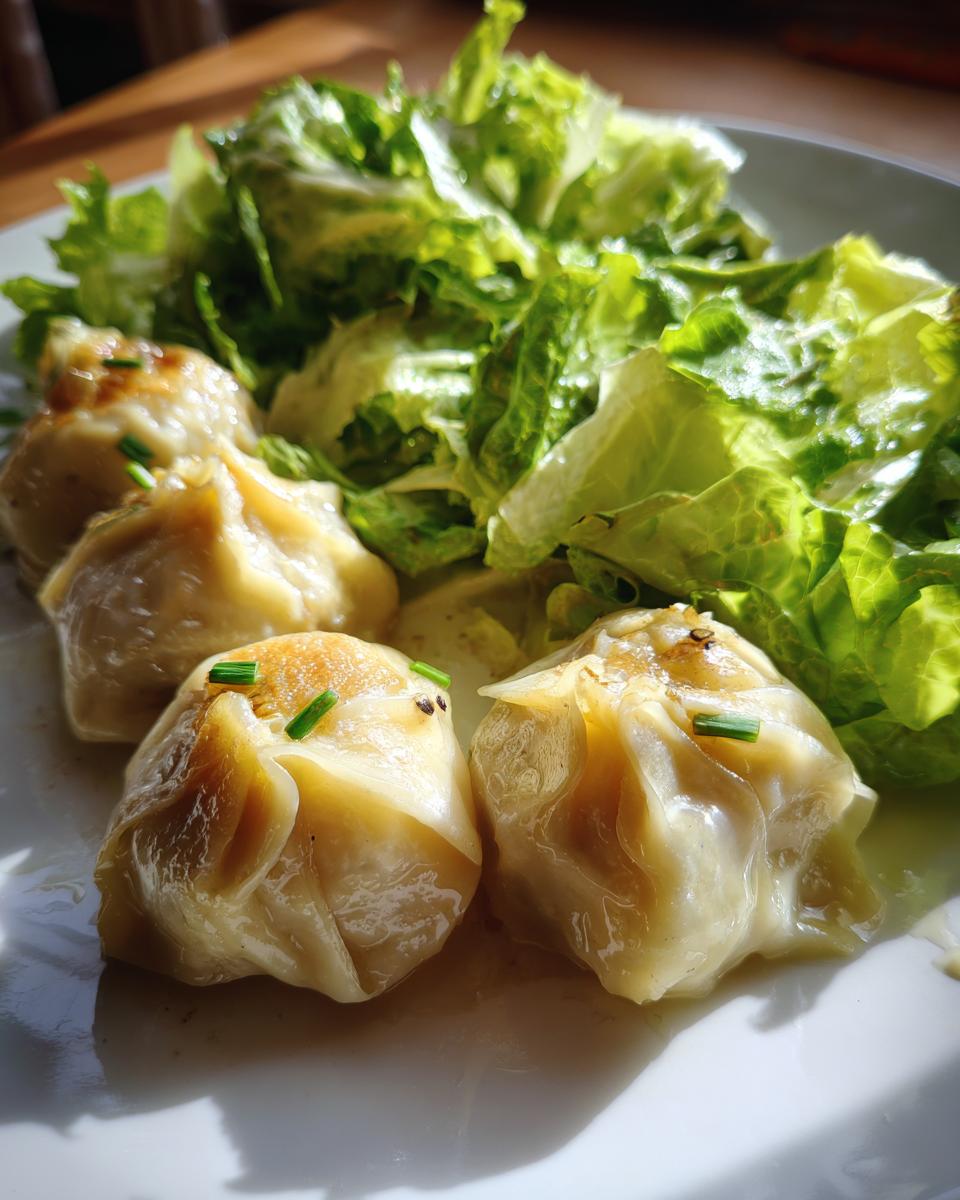 Teller mit vier goldbraunen Eiernockerl, garniert mit Schnittlauch, neben einem frischen grünen Salat.