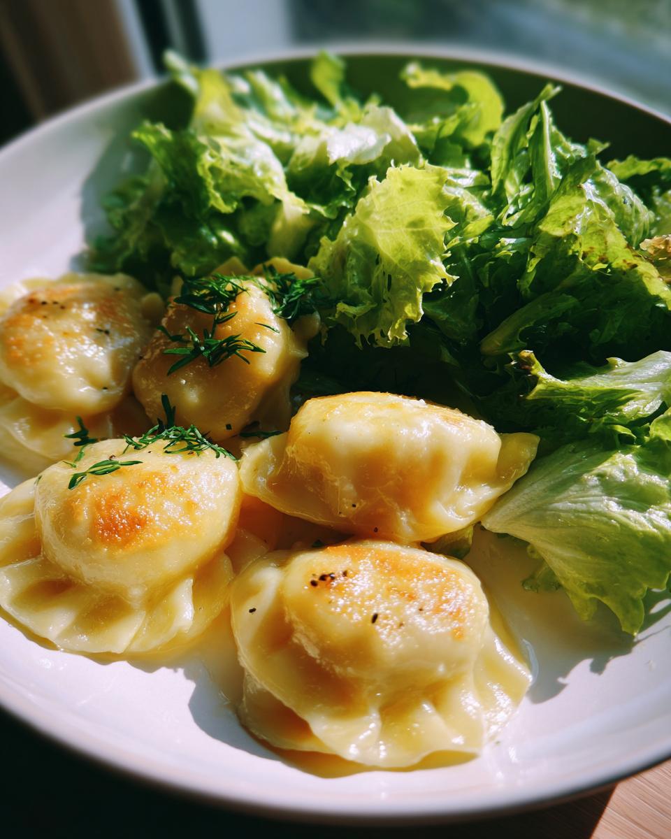 Goldbraun gebratene Eiernockerl mit frischem grünem Salat auf einem weißen Teller.
