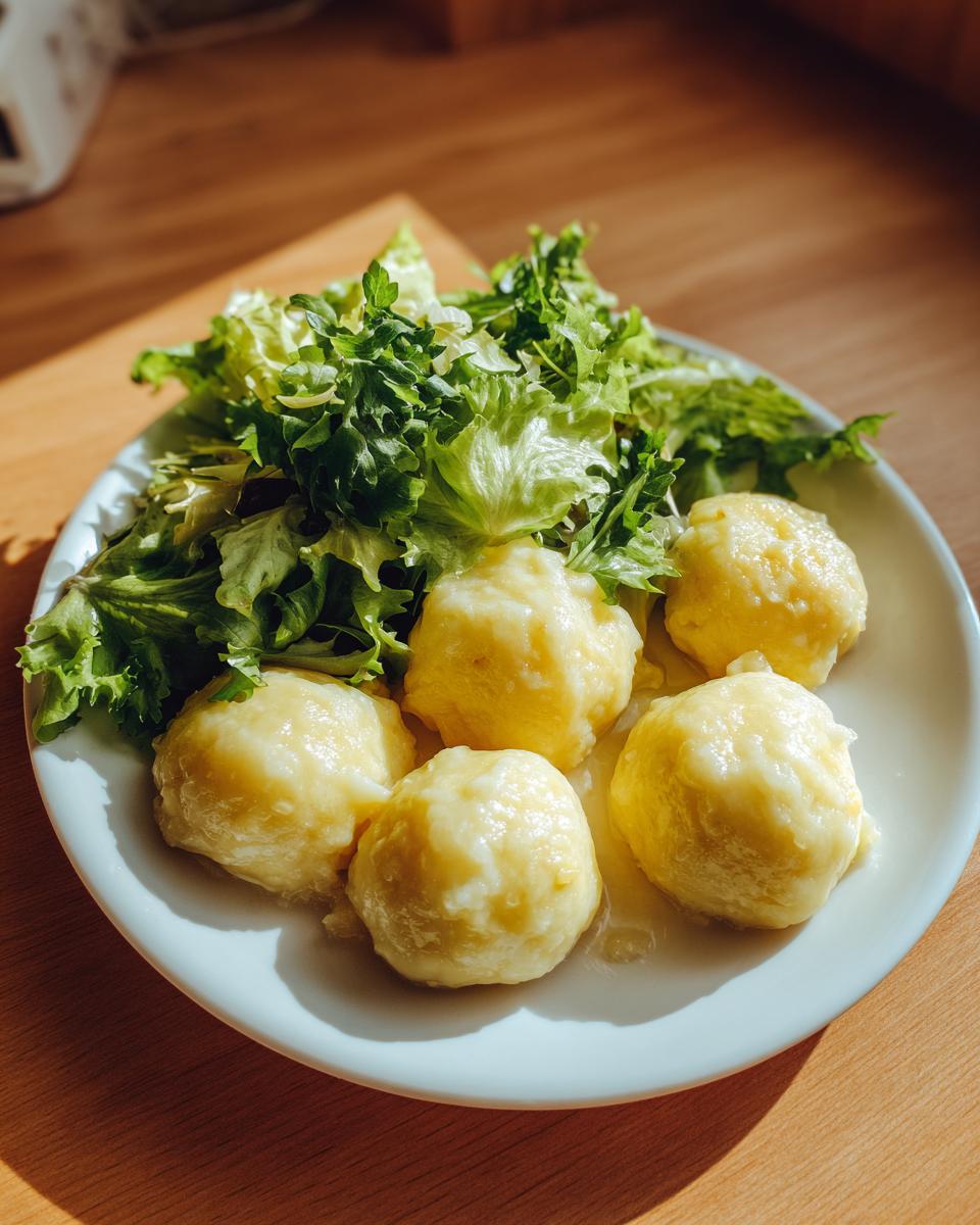 Fünf goldgelbe Eiernockerl mit einem frischen grünen Salat auf einem weißen Teller.