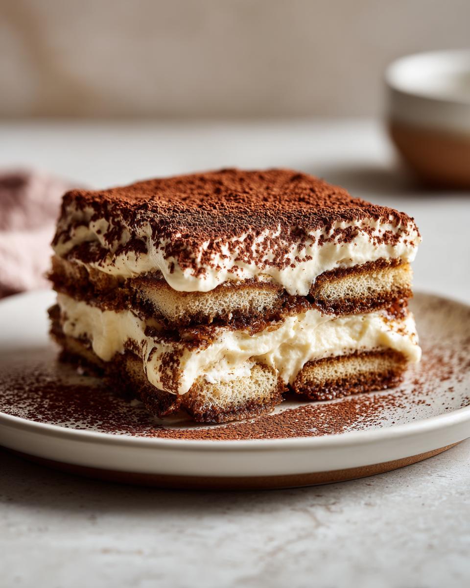 Ein saftiges Stück Einfaches Tiramisu ohne Ei mit dicker Cremeschicht und Kakaopulver.