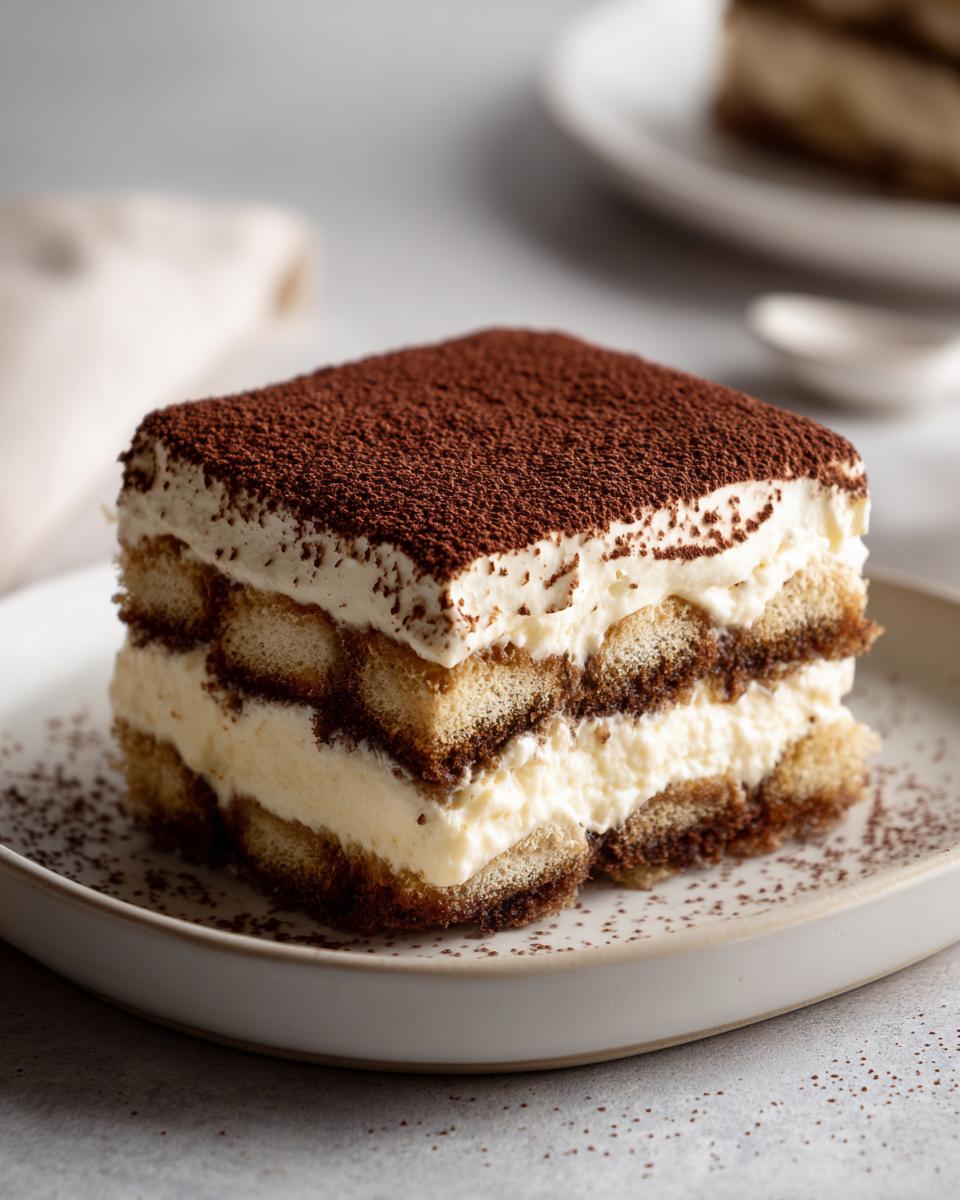 Ein cremiges Stück Einfaches Tiramisu ohne Ei mit Kakaopulver bestäubt auf einem hellen Teller.