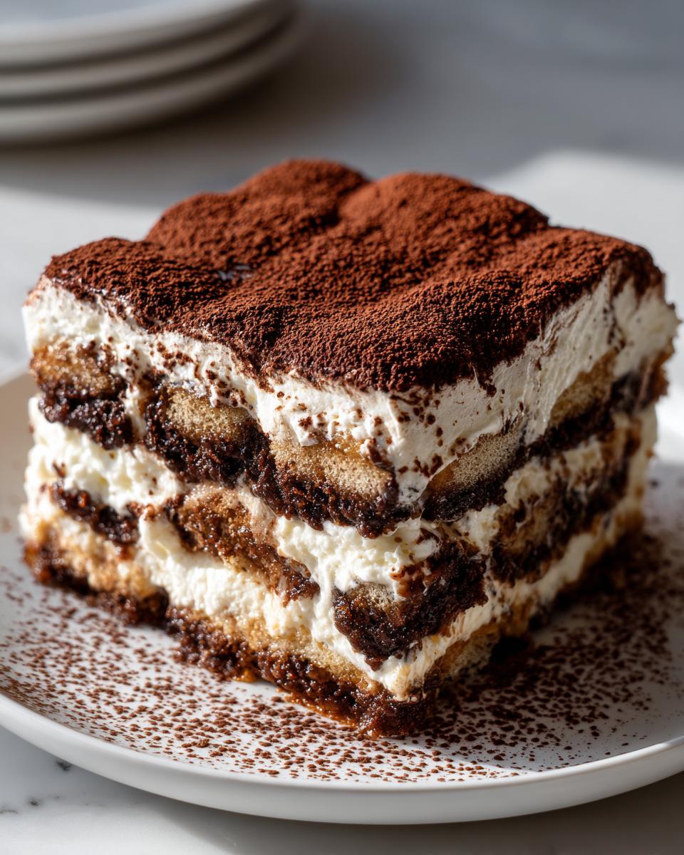 Nahaufnahme eines cremigen Stücks Einfaches Tiramisu ohne Ei, reichlich mit Kakaopulver bestäubt.