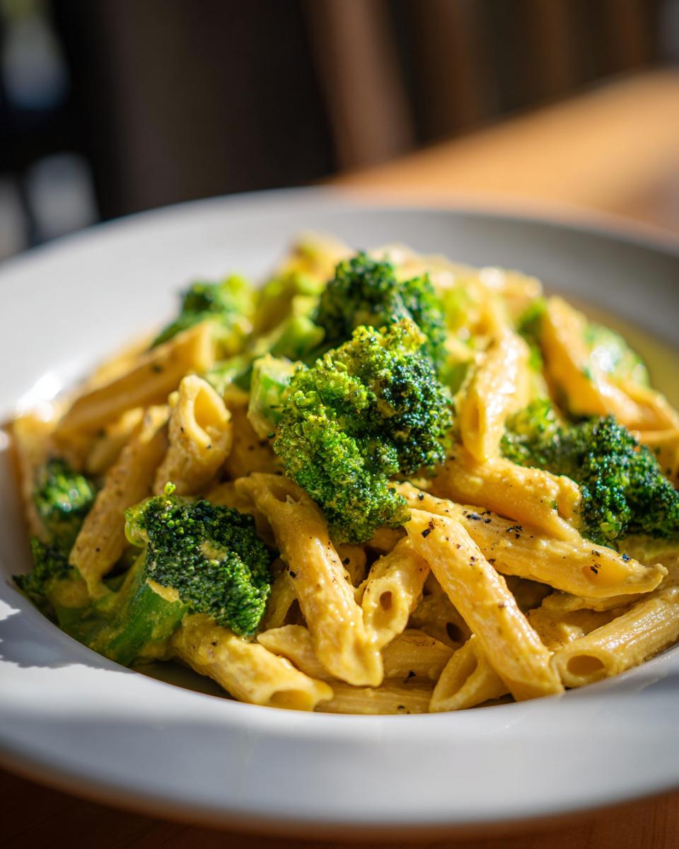 Nahaufnahme einer cremigen Brokkoli-Käse-Pasta mit Penne-Nudeln und leuchtend grünen Brokkoliröschen.