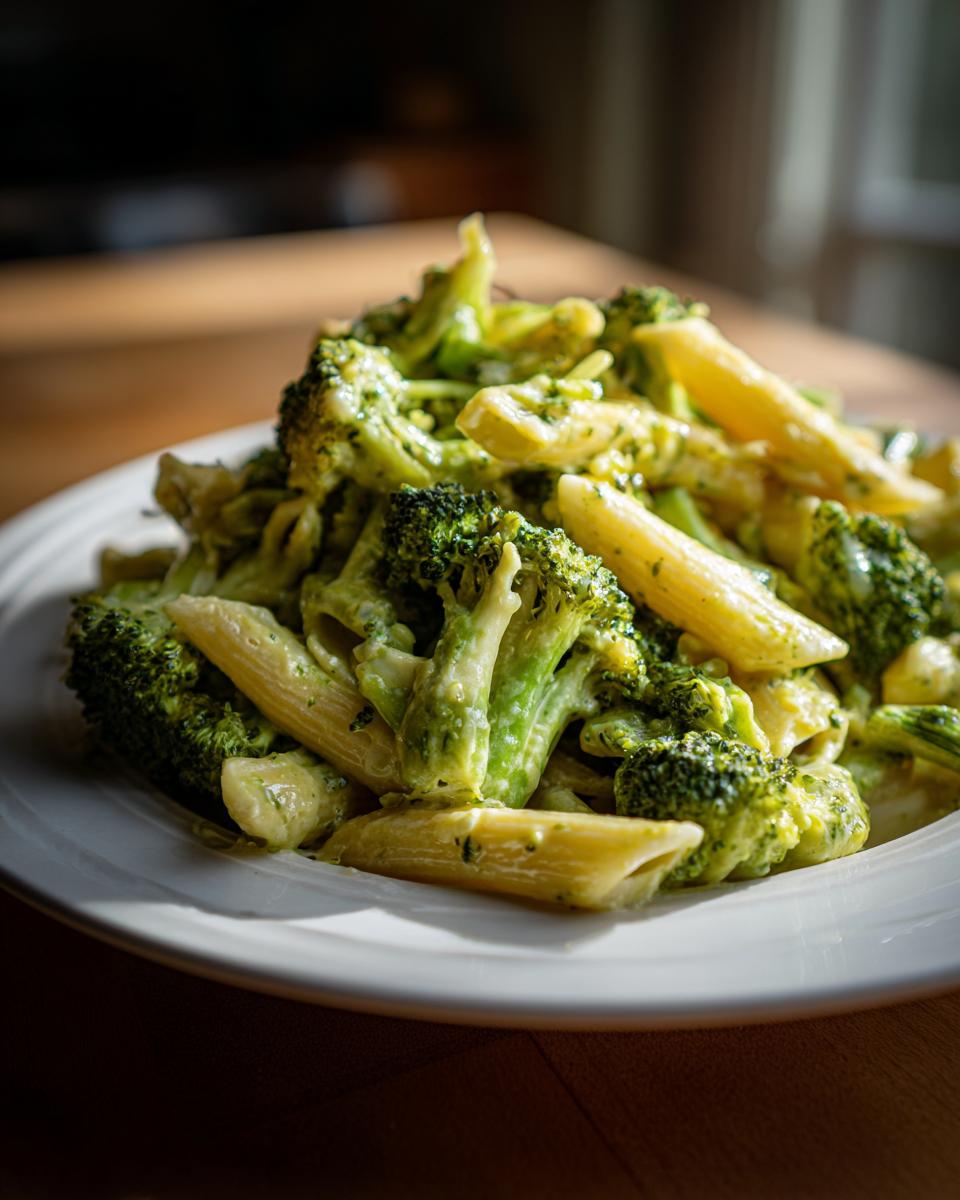 Nahaufnahme von cremiger Brokkoli-Käse-Pasta mit Penne und leuchtend grünen Brokkoliröschen auf einem weißen Teller.