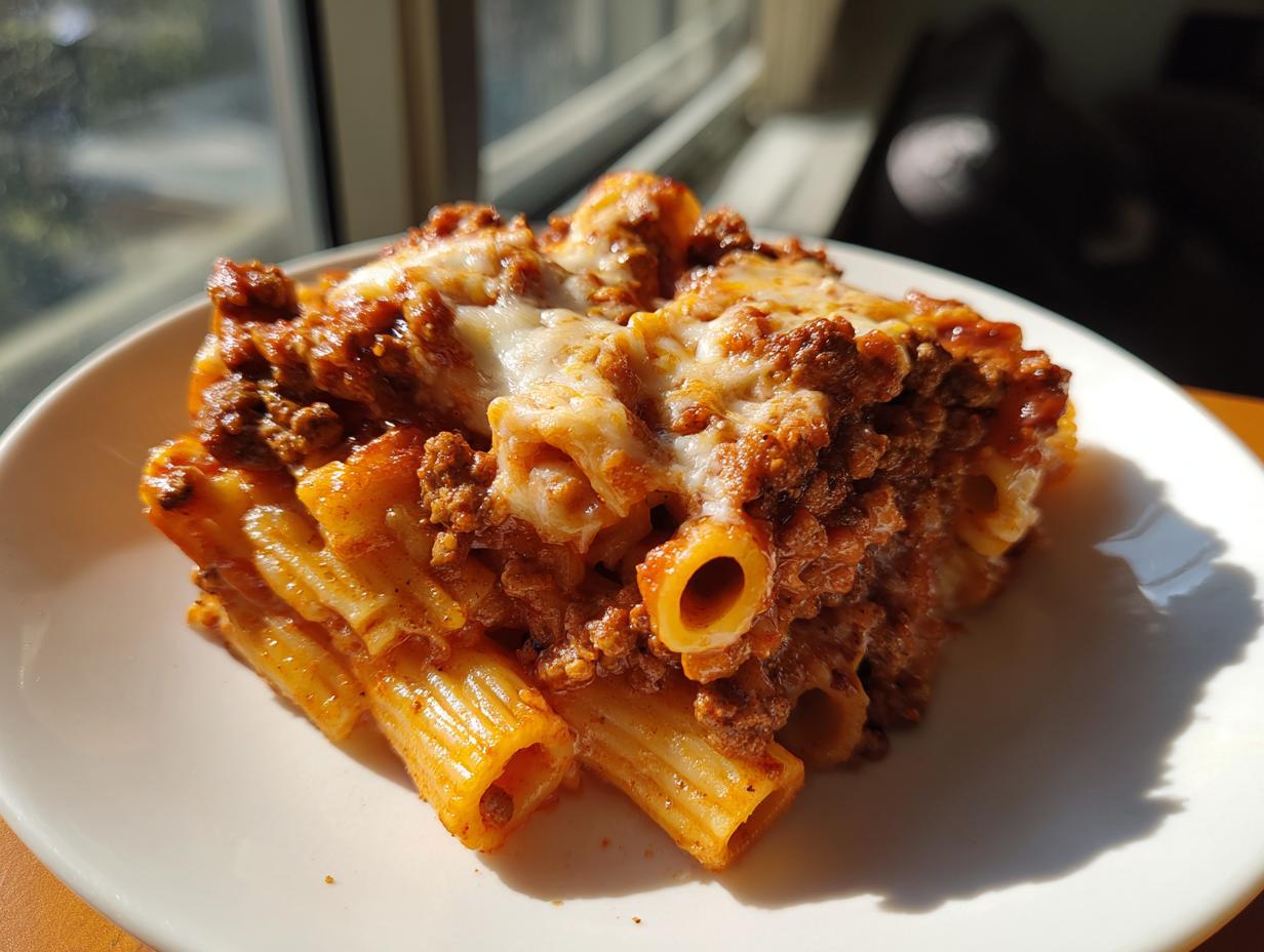 Ein Teller mit einer Portion cremiger Rigatoni mit Hackfleisch und Schmand, überbacken mit geschmolzenem Käse.