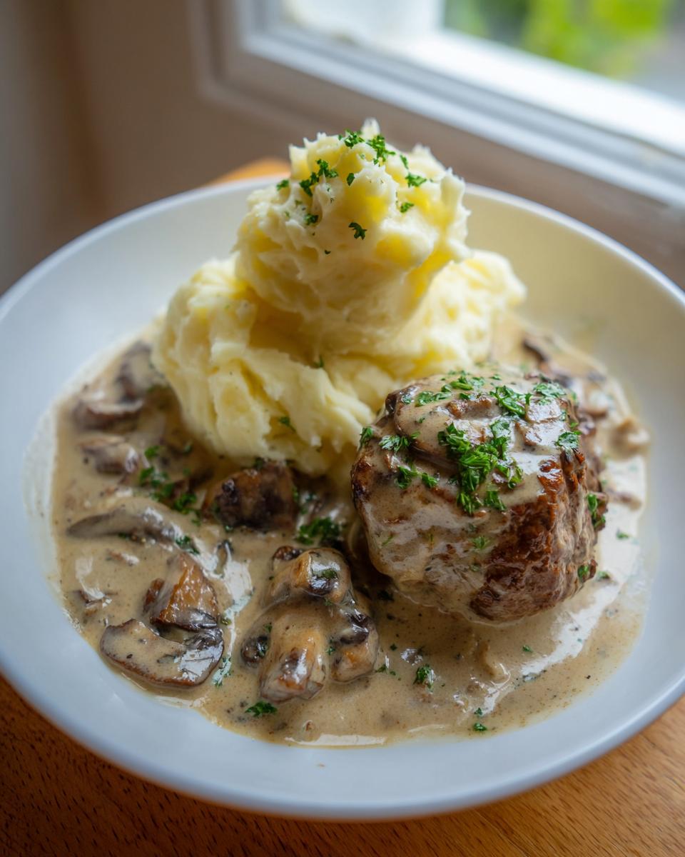 Eine saftige Frikadelle in cremiger Champignonrahmsoße mit Kartoffelpüree: Frikadellen in Champignonrahm mit Püree.