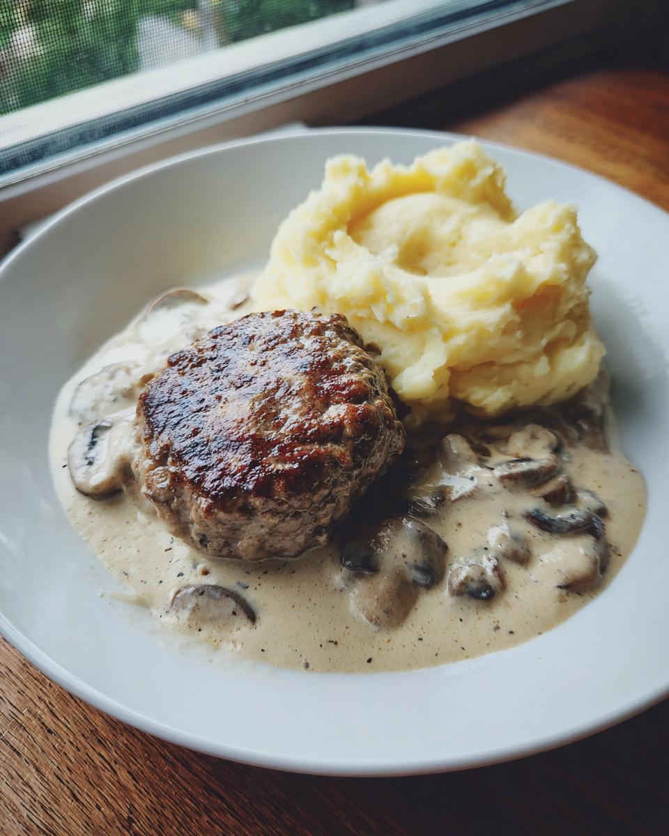 Eine saftige Frikadelle bedeckt mit cremiger Champignonrahmsoße, serviert mit einem Klecks Kartoffelpüree.