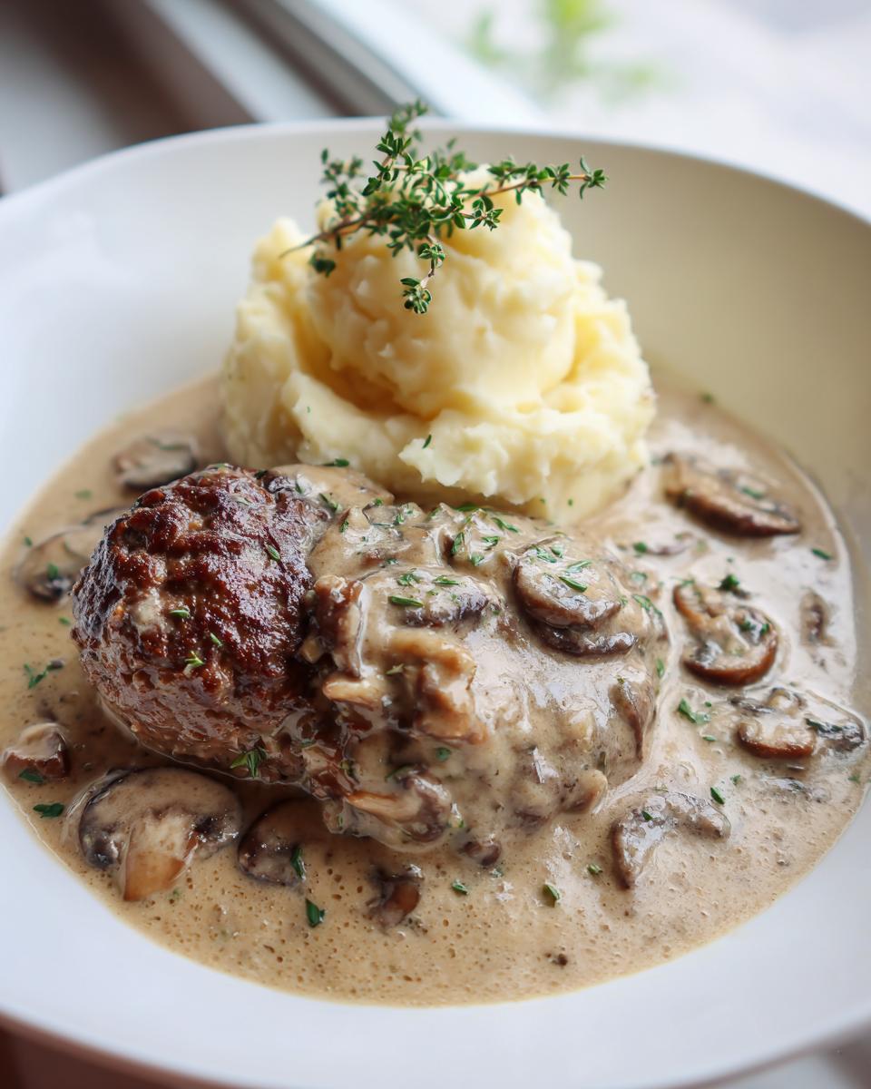 Eine einzelne Frikadelle in cremiger Champignonrahmsoße mit Pilzen, serviert mit Kartoffelpüree und Thymian.