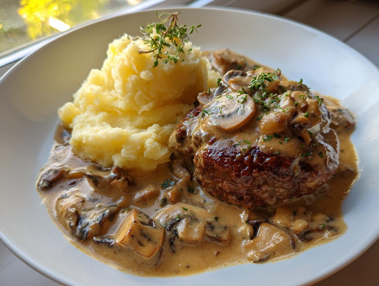 Ein Teller mit saftigen Frikadellen in Champignonrahm mit Püree, garniert mit frischen Kräutern.