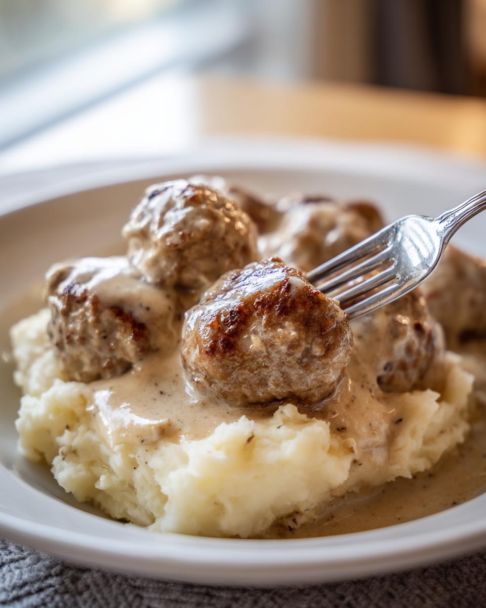 Nahaufnahme von saftigen Frikadellen in cremiger Rahmsauce auf lockerem Kartoffelpüree, eine Gabel greift eine Frikadelle.